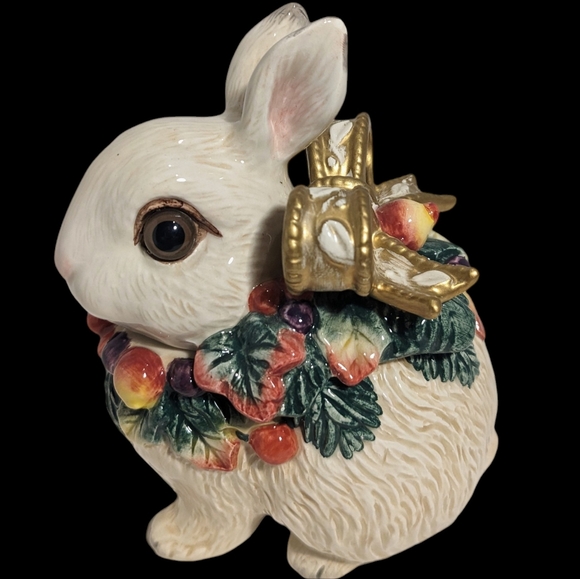 Fitz And Floyd Classics White Bunny Rabbit Trinket Dish W/Lid Gold Bow Greenery - Picture 3 of 11